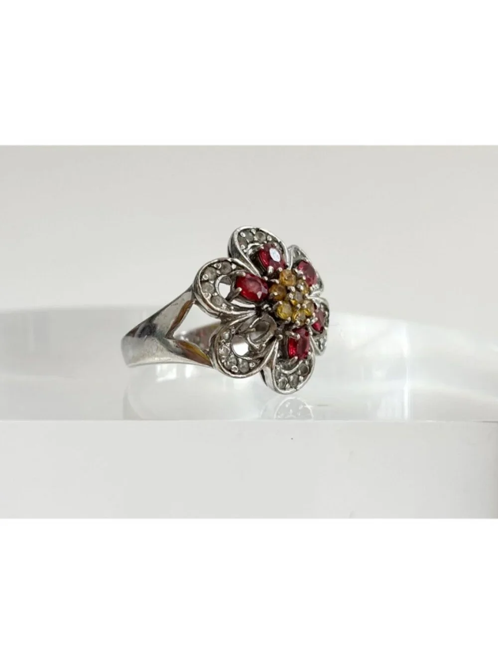 Garnet & Citrine Gemstone Floral Sterling Silver 925 Vintage Ring - sz 9.25